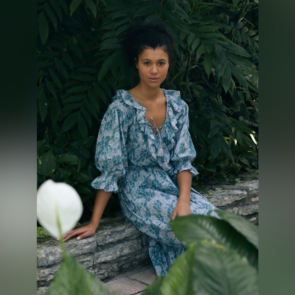 Mille Resort & Travel June Ruffle Midi Dress in Blue Pansy